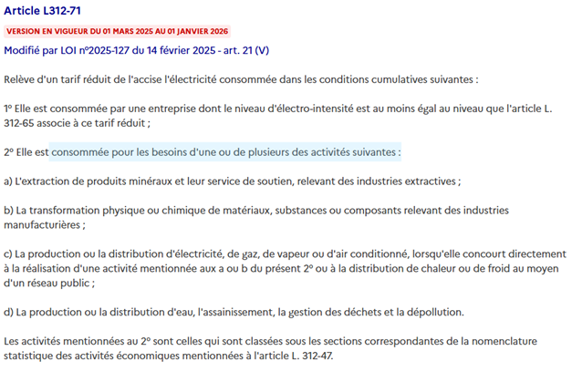 Article L312-71 du CIBS — activités industrielles éligibles au taux réduit sur l'accise sur l'électricité Article L312-71 du CIBS — activités industrielles éligibles au taux réduit sur l'accise sur l'électricité